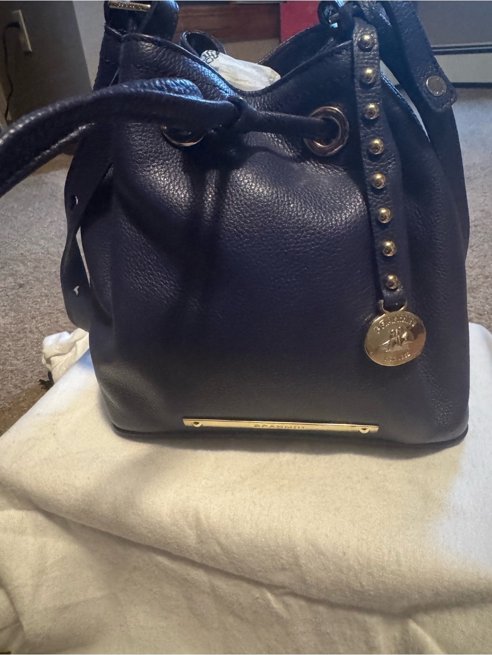 Brahmin Royal Navy Blue  Pebbled Leather Drawstring Bucket Bag with Gold Accents